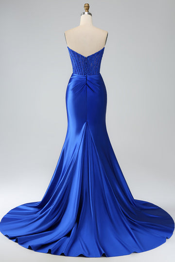 Royal Blue Mermaid senza spalline lungo corsetto Abito Da Cerimonia con fessura